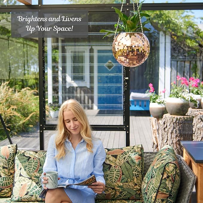 SCANDINORDICA Disco Ball Planter – Value Package: Mirror Disco Planter with Chain, Macrame Hanger and Acrylic Stand for Desk, Self Watering Insert, Plant Lover Gifts | 10 inch Rose Gold SCANDINORDICA