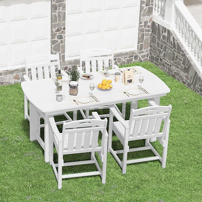 HDPE Outdoor Patio Dining Set with Table & 4 Chairs, All-Weather 5-Piece Outdoor Table and Chairs, 2" Umbrella Hole, Patio Furniture for Garden, Backyard, Deck | White Suunyn