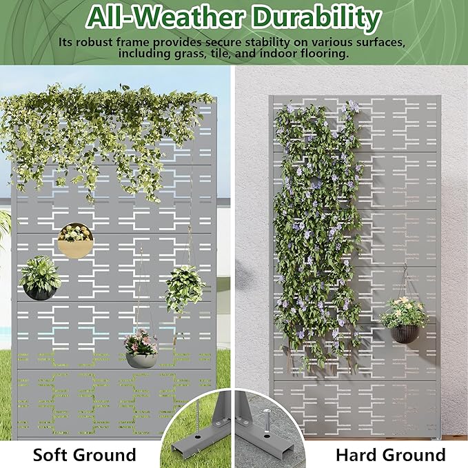 Casaphoria Metal Privacy Screen Outdoor, 72" H x 35" W Freestanding Decorative Privacy Screen for Patio Deck Balcony Garden with Stable Base, Grey-Brick Casaphoria