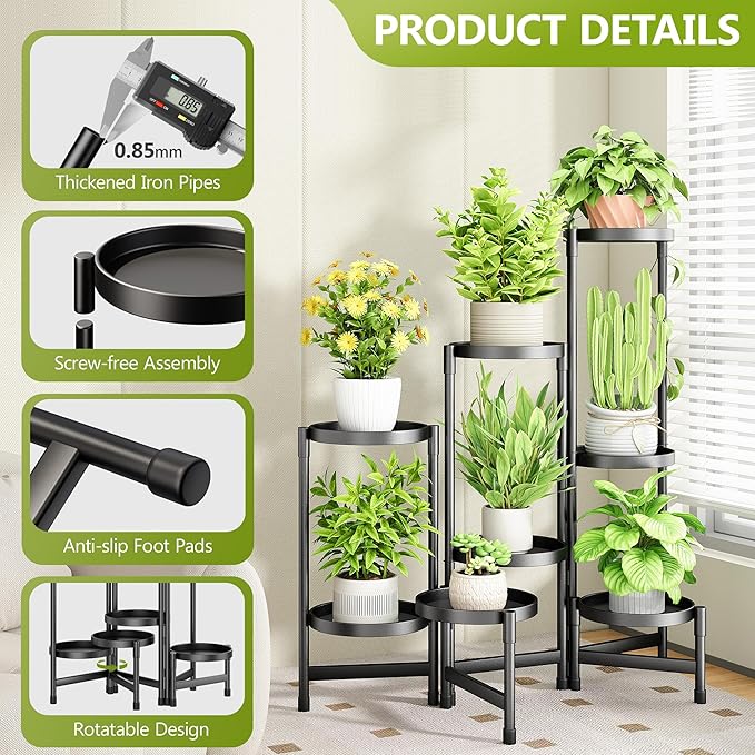 8 Tier Plant Stand Indoor, Tiered Plant Stand Outdoor for Multiple Plants, Corner Plant Shelf for Patio Balcony Porch Garden Living Room House, Black Cawukege