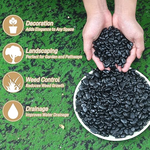 6lb Black Rocks for Planters- 1/4" - 3/4" Polished Black Stones Smooth Flat Pebbles for Fish Tanks Decorative River Rocks for Vases Bonsai Pots Garden Stones for Landscaping and Yards Rootora