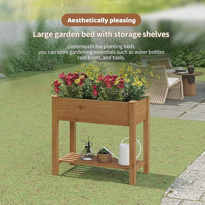FILWH Raised Garden Bed with Legs Elevated Wooden Planter Box Stand Large Planter Stand Box for Fruits Vegetables Flowers with Divider with Bag - 34x18x30.5IN（Brown） FILWH