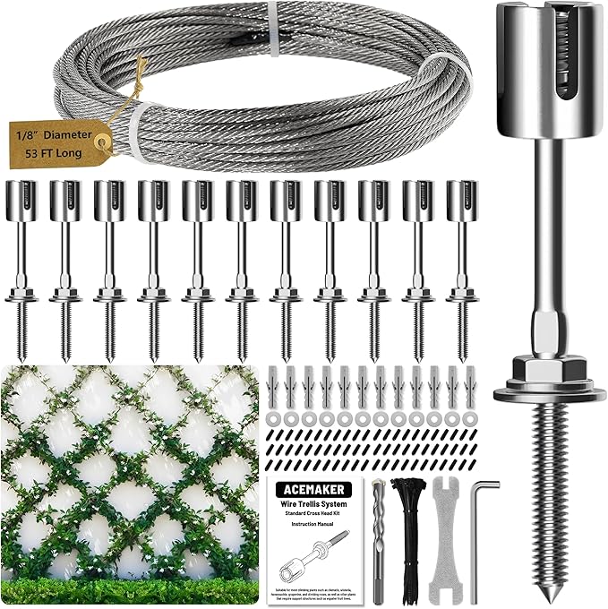 Wire Trellis for Climbing Plants Outdoor, 12-Set Wall Wire Trellis Kit with 1/8in x 53ft Stainless Steel Cable, T316 Espalier System for Fence and Garden DIY Projects Acemaker