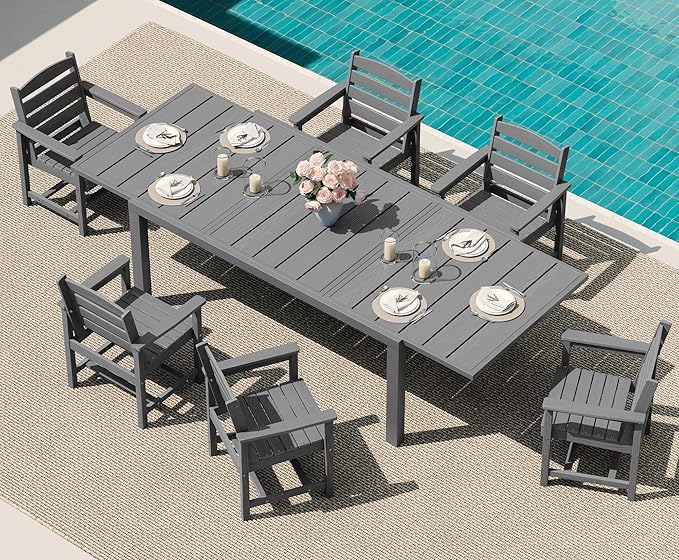 SERWALL 7-Piece Patio Dining Sets, 60" - 83" Expandable Outdoor Dining Table and 6 HDPE Chairs, All Weather HDPE Outdoor Furniture Set for Backyard, Garden, Grey SERWALL