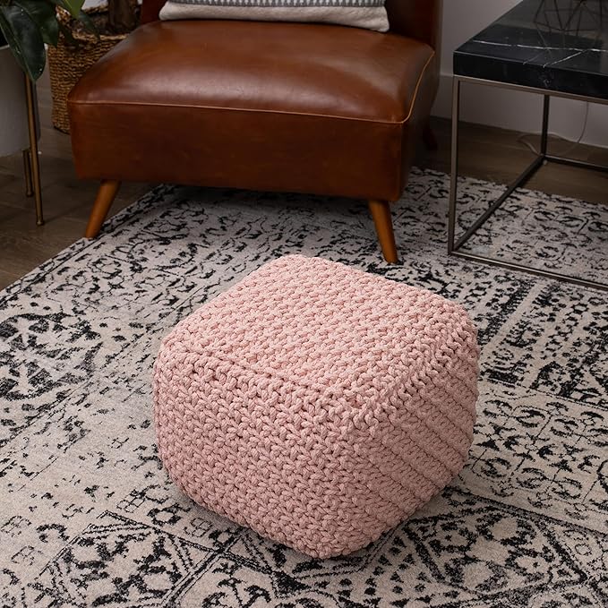 BIRDROCK HOME Square Pouf Ottoman | Cotton Braided Foot Stool with Bean Bag Filling | Boho Foot Rest for Living Room, Bedroom | Compact & Comfortable Seating, Lightweight & Sturdy | Dusty Rose BIRDROCKHOME
