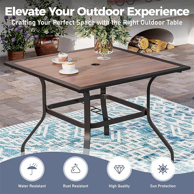 5 Piece Patio Dining Set for 4, 37”x37” Square Table (PVC Wood-Like Table Top) with 1.57" Umbrella Hole, 4 Metal Blue Chairs, Outdoor Table and Chairs Set for Lawn Backyard and Deck SUNSHINEVALLEY