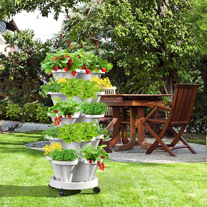 Strawberry Vertical Planter Tower Garden, 7 Tiered Stackable Planter Herb Garden Planter with Movable Casters and Bottom Saucer Indoor and Outdoor - White Tectsia