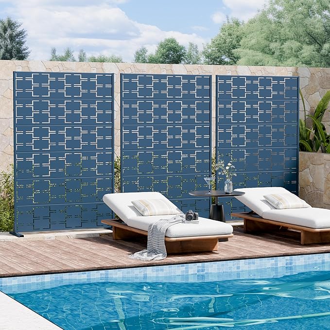 Casaphoria Metal Privacy Screen Outdoor, 72" H x 47" W Freestanding Decorative Privacy Screen for Patio Deck Balcony Garden with Stable Base, Blue-Square Casaphoria