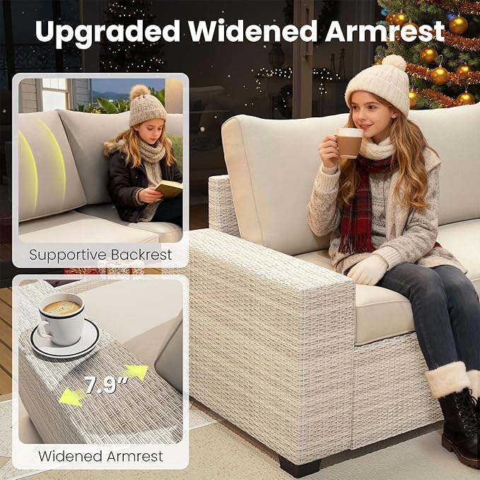 8 Piece Outdoor Patio Furniture Set, Outdoor Sectional Furniture, Rattan & Wicker Modern Modular Conversation Set Sofa Couch W/Water Resistant Washable Thick Cushions and Coffee Table, Beige Olimix