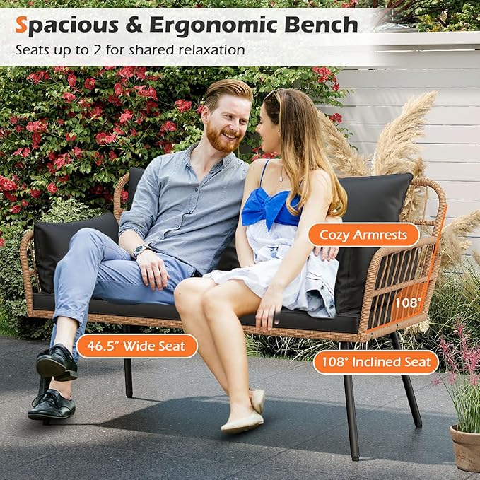 Tangkula Patio Wicker Loveseat, Outdoor Rattan 2-Seat Cushioned Sofa with Heavy Duty Metal Frame, for Backyard,Porch,Poolside (Black) TANGKULA