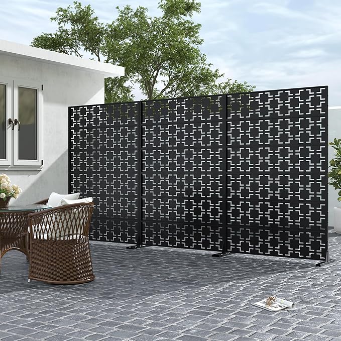 Casaphoria Metal Privacy Screen Outdoor, 72" H x 47" W Freestanding Decorative Privacy Screen for Patio Deck Balcony Garden with Stable Base, Black-Square Casaphoria