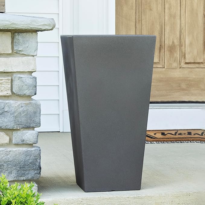 Step2 Tremont Tall Square Tapered Planter, Large Planters for Outdoor Plants, Gardening and Flower Pot for Patio or Porch, Efficient Drainage, Durable Plastic, Dark Cedar, 2-Pack Step2