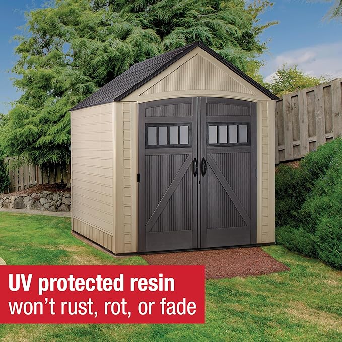 Rubbermaid Resin Outdoor Storage Shed with Floor (7 x 7 Ft) Weather Resistant, Brown Gable, Organization for Home/Backyard/Garden Tools/Lawn Mower/Bike Storage/Pool Supplies Rubbermaid