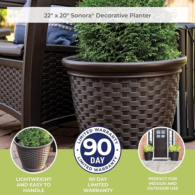 Suncast Sonora 22 Inch Plastic Wicker Indoor or Outdoor Decorative Garden Flower Planter for Entryways, Porch, and Backyard Patios, Dark Brown Suncast