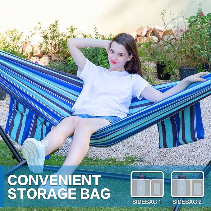 PNAEUT Double Hammocks with Stand for Outside, Portable Space Saving Heavy-Duty Steel Stand for Indoor Outdoor Patio with Carrying Bag, 450 lbs Capacity (Blue Lagoon) PNAEUT