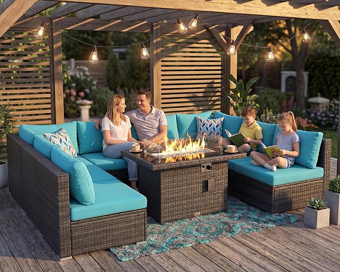 NICESOUL Extra Large 9 Piece Patio Furniture Set with Fire Pit Table Natural Gas & Propane, 29.3'' High Back Rattan Outdoor Conversations, 8 Seater Modular Sofa Set, 2 Color Cushions Turquoise & Gray NICESOUL