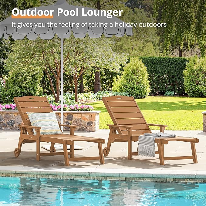 LUE BONA Outdoor Chaise Lounge, HDPS Chaise Lounger, 5 Positions Adjustable Lounge Chairs, Pool Lounge Chair with Wheels for Poolside, Backyard, Teak Color LUEBONA