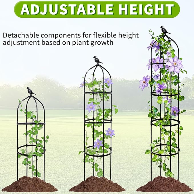 6FT Garden Obelisk Trellis for Climbing Plants,Adjustable 4-Tier Metal Plant Support,Rustproof Outdoor Plant Tower with 3 Decorative Tops for Roses,Tomatoes,Clematis & Vines,Black TCBWFY