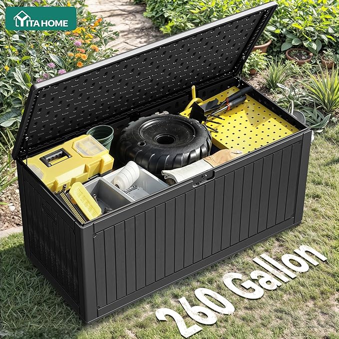 YITAHOME 260 Gallon Large Deck Box with Divider & Side Handles, Outdoor Double-Wall Storage for Patio Furniture Cushions, Garden Pool Accessories, Water Resistant & Lockable YITAHOME