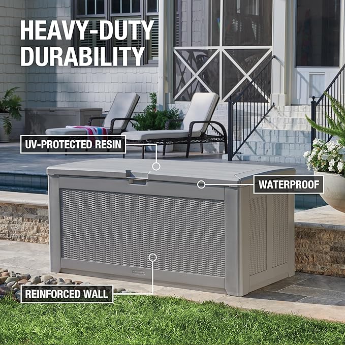 Rubbermaid Extra Large Resin Outdoor Storage Deck Box (134 Gal), Weather Resistant, Gray, Deck Organization for Home/Backyard/Pool Chemicals/Toys/Garden Tools/Porch/Patio Cushions Rubbermaid