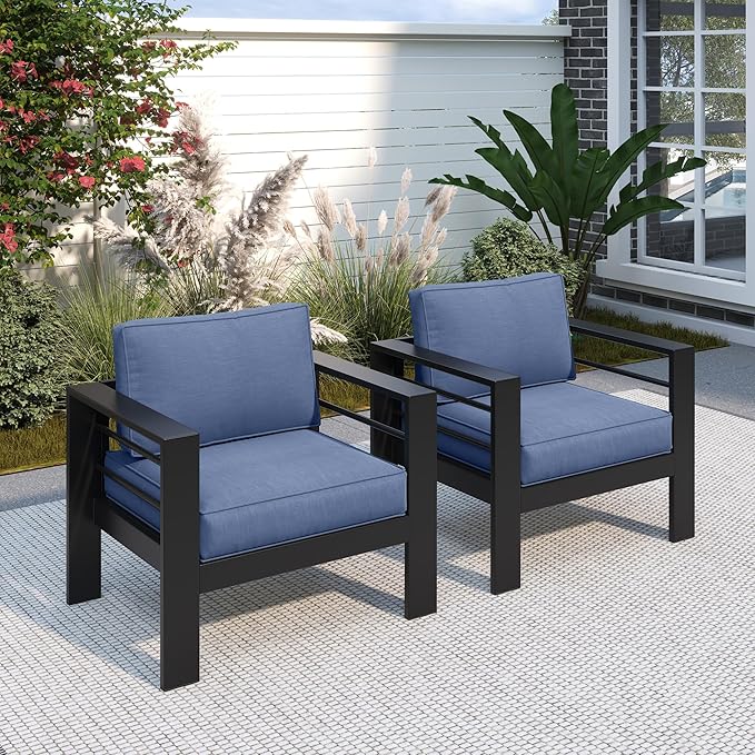 Solaste Patio Furniture Metal Armchair, 2 PCS All-Weather Aluminum Garden Outdoor Contemporary Sofa Chair with Cushions, Blue Solaste