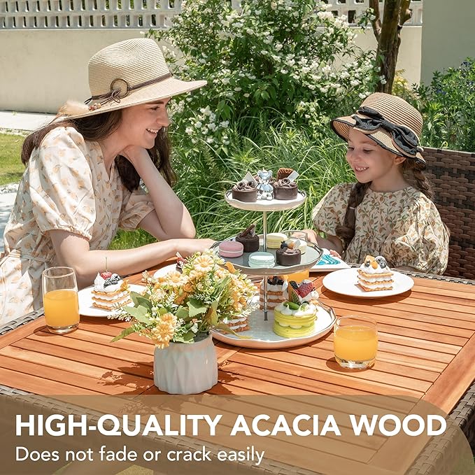 Devoko 5 PCS Furniture, Patio Conversation Set with Acacia Wood Top, Rattan Outdoor Dining Table and Chairs for Backyard, Garden, Deck, Brown DEVOKO