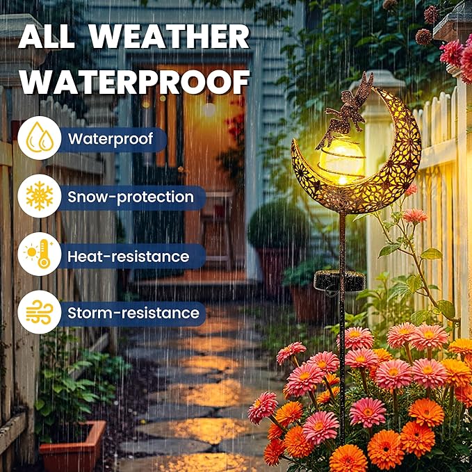 Fairy Garden Solar Lights Outdoor Moon Stakes, Waterproof Outdoor Metal Decor Gifts for Women Mom, Art Moon Sculpture for Yard, Patio, Garden, Porch, 1 Pack Suncket