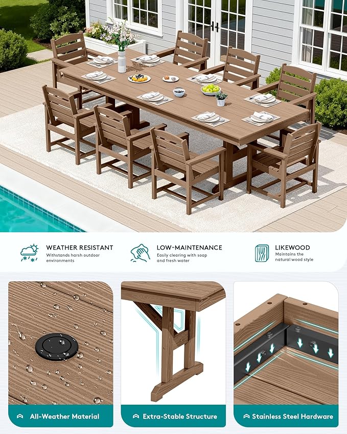 SERWALL 9 Piece Outdoor Dining Set, 84" HDPE Outdoor Table and Chairs for 8，All Weather Patio Furniture Set with Umbrella Hole for Backyard, Garden, Brown SERWALL