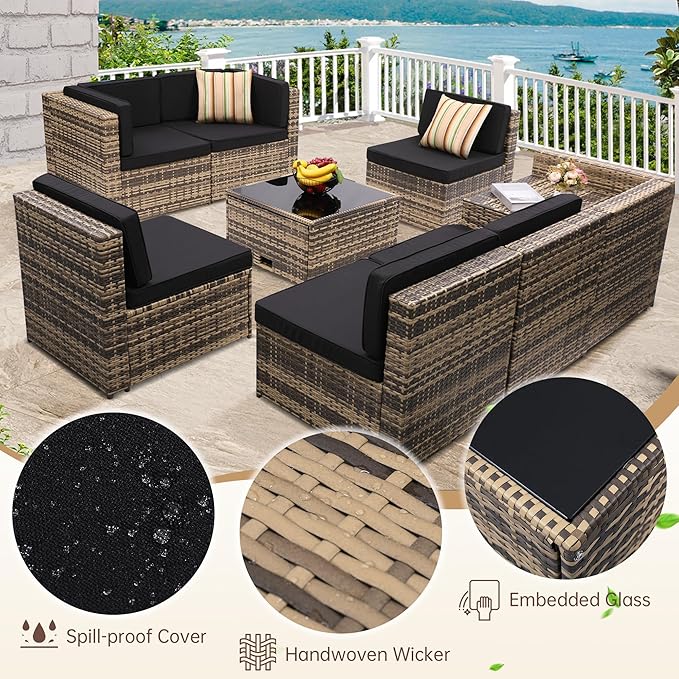 8-Piece Patio Furniture Set, Outdoor Wicker Rattan Sectional with Thick Cushions, Glass Top Table with Hidden Storage, Outdoor Conversation Set for Backyard, Porch, Patio, Black KROFEM