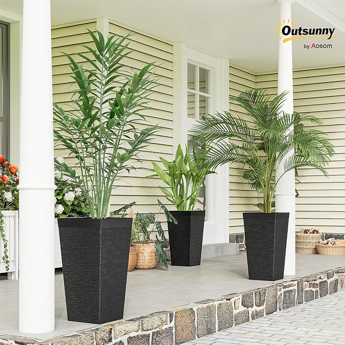 Outsunny 22.8 Inch Tall Planters for Outdoor Plants, Set of 3 Plastic Flower Pots with Stone Finish and Wheels, Stackable Tapered Planters with Drainage Hole for Indoor Plants, Front Porch, Black Outsunny
