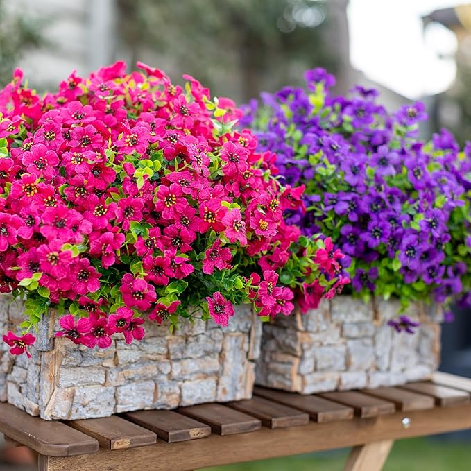 Artificial Flowers for Outdoors Fake Plants - 16 Bundles Faux Outside Greenery Boxwood No Fade Plastic Shrubs Fall Decor Farmhouse Home Garden Thanksgiving Mums (Red) AXYLEX