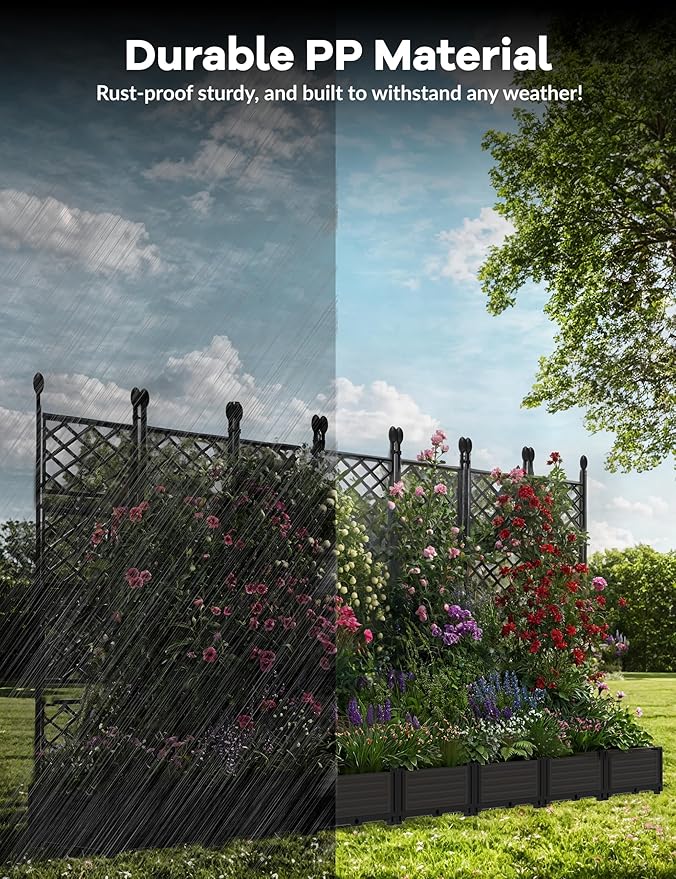 7 PCS Raised Garden Bed with Trellis & Privacy Screen, 116"w x 63"Tall Vertical Garden Planter Box for Climbing Plants - Sturdy Lightweight Outdoor Planter for Vegetables, Flowers on Patio, Balcony Rootora