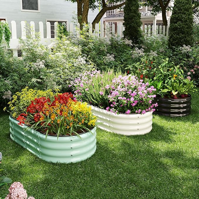 Galvanized Metal Planter Round Raised Garden Bed Kit for Gardening Outdoor，3x3x1ft 2PC Grow Garden Box Raised Flower Bed，Round Galvanized Planter Outdoor Large Metal Fire Pit Ring Green ZFHgarden