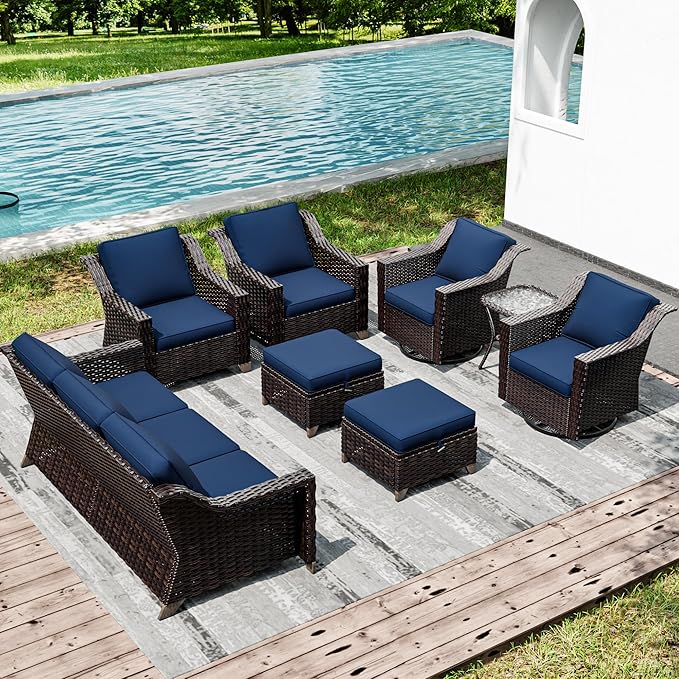 Joyside Wicker Patio Furniture Sets, 8 Pieces Upgraded Large Size Outdoor Furniture with Swivel Rocking Patio Chairs, Patio Dining Chair, 3-Seat Sofa, Outdoor Ottoman, Thick Cushions, Wide Armrest Joyside