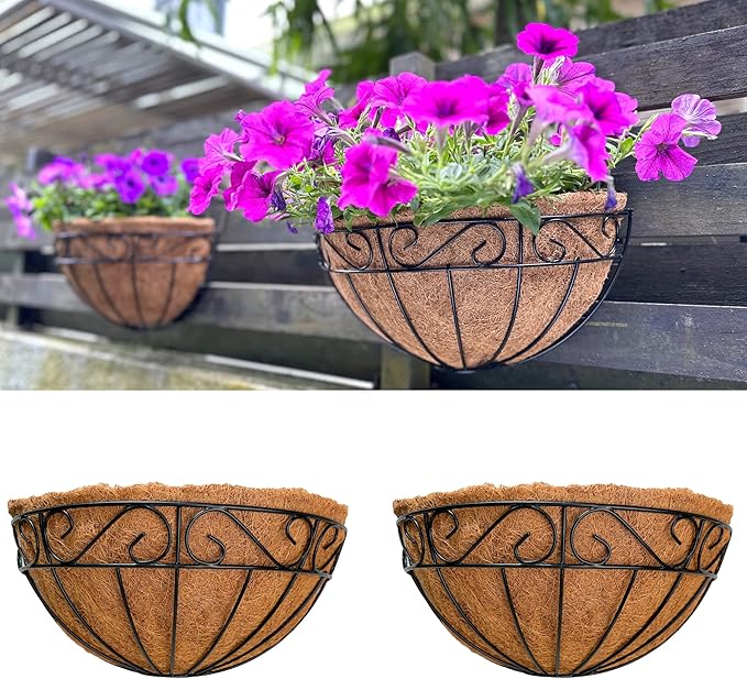 LaLaGreen Wall Hanging Planter, 2 Pack, 12 Inch Wall Mounted Flower Basket with Coco Liner for Outdoor Plants, Black Metal Wire Rail Herb Pot Holder Fence Railing Deck Porch Balcony Garden Patio Decor L%C3%A1L%C3%A1Green