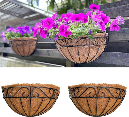 LaLaGreen Wall Hanging Planter, 2 Pack, 12 Inch Wall Mounted Flower Basket with Coco Liner for Outdoor Plants, Black Metal Wire Rail Herb Pot Holder Fence Railing Deck Porch Balcony Garden Patio Decor L%C3%A1L%C3%A1Green