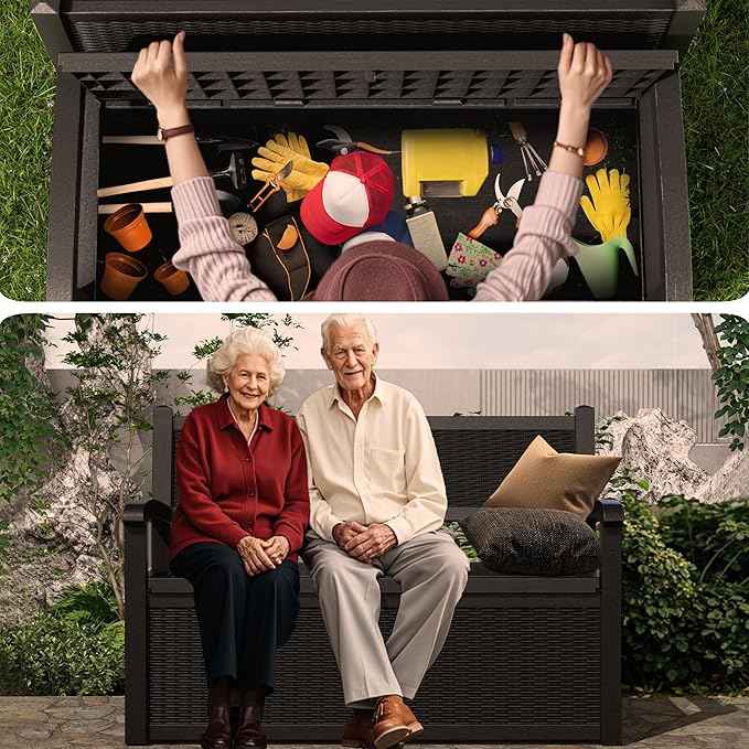 EasyUp 80 Gallon Outdoor Storage Bench Lockable Deck Box Outdoor Storage Box Waterproof for Patio,Garden,and Porch – Perfect for Storing Garden Tools and Cushions(Black)
