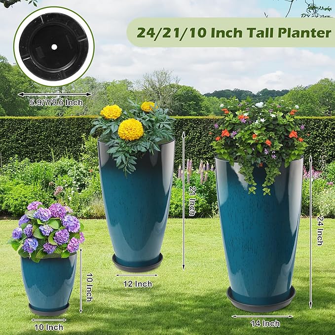 24-21-11 Inch Tall Planters Set of 3, Indoor Outdoor Blue Glossy Round Planter with Drainage Hole and Saucer, Large Decorative Plant Pots for Home Garden Porch (Blue) Goldshire