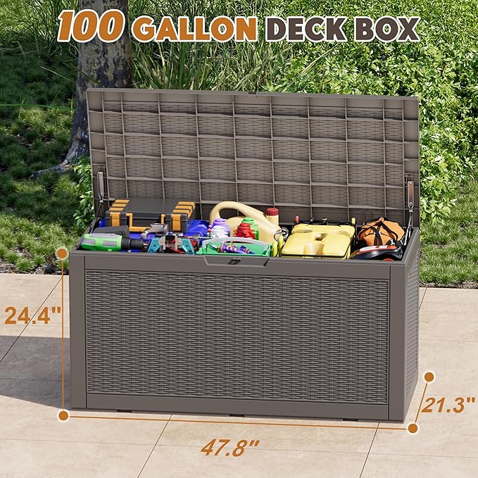 Outdoor Storage Box, Resin Deck Boxes Indoor and outdoor, Waterproof Storage Box Lockable Lid (Grey, 101 Gallon) NBYSGO