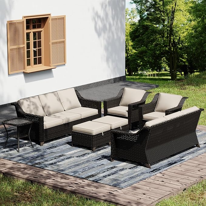 Joyside Wicker Patio Furniture Sets, 7 Pieces Upgraded Large Size Outdoor Furniture with Swivel Rocking Patio Chairs, Two 3-Seat Sofa, Outdoor Ottoman, Thick Cushions, Wide Armrest, Beige Joyside