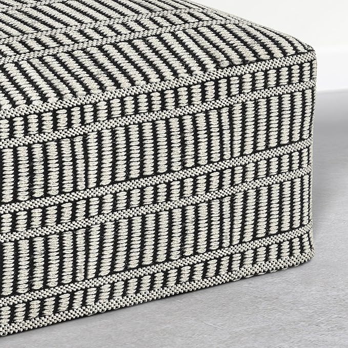 SIMPLIHOME Safford Square Pouf - 20 inch Wide Upholstered PET Polyester Ottoman in Cream White and Deep Black, Boho Indoor/Outdoor Footstool or Extra Seating for Living Room or Patio, Assembled SimpliHome