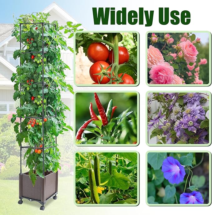 Raised Garden Bed Planter Box with Trellis, 62.2" Self-Watering Tomato Planters for Climbing Plants Vine Flowers Outdoor Patio, Tomatoes Cage with Trellis Wheels for Outdoor, 1Pack Rootora