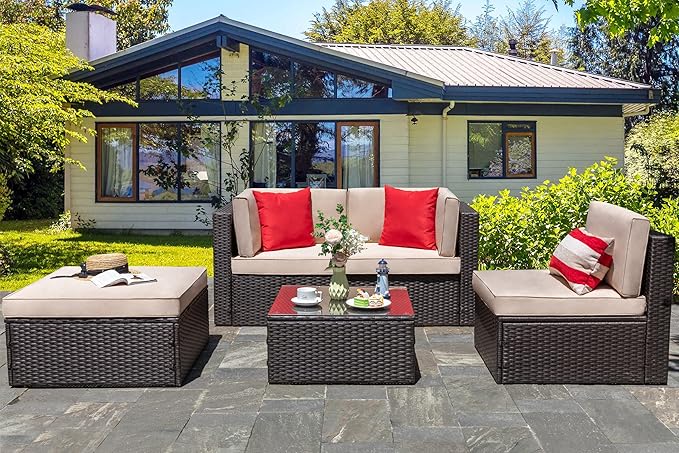 Vongrasig 5 Piece Patio Furniture Sets, All-Weather PE Rattan Wicker Outdoor Sectional Couch, Small Patio Conversation Set with Glass Table for Garden Pool, Beige Vongrasig