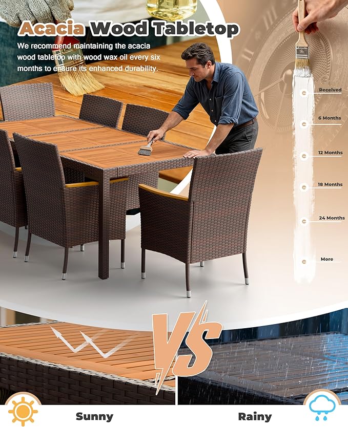 Flamaker 9 Piece Patio Dining Set Outdoor Acacia Wood Table and Chairs with Soft Cushions Wicker Patio Furniture for Deck, Backyard, Garden (Brown) Flamaker