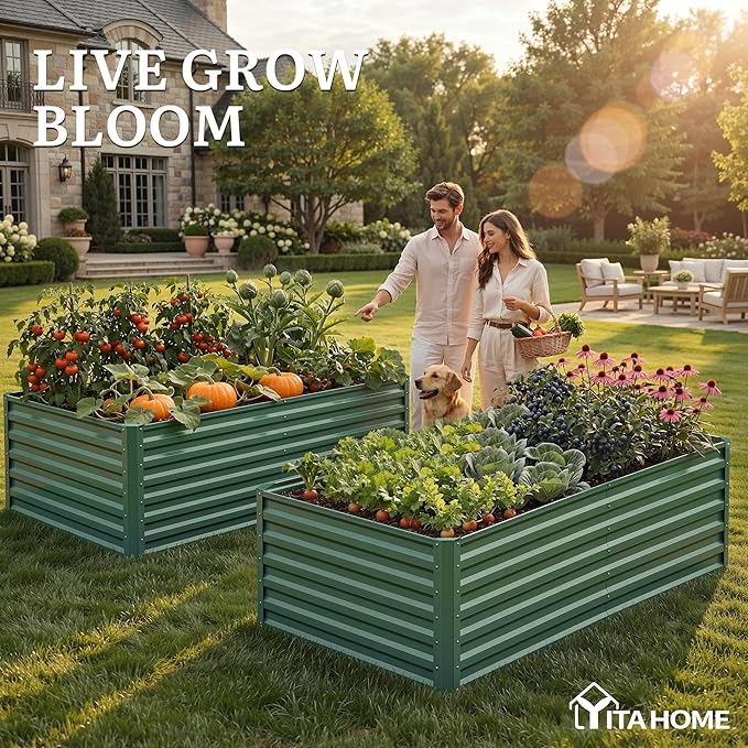 YITAHOME 6x3x2ft Large Raised Garden Bed Kit, Galvanized Metal Planter Box with Gloves, Ground Nails, Support Rod, Outdoor Above Ground Planters for Plants Vegetables Flowers, Green YITAHOME