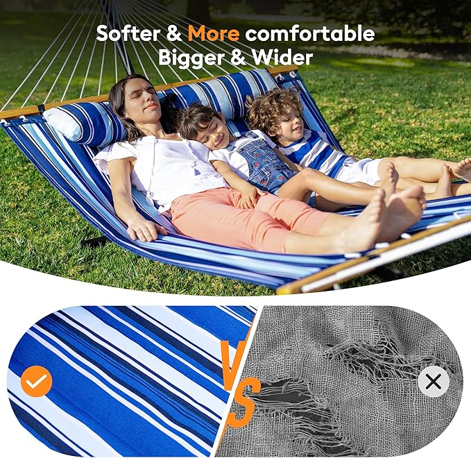 Double Hammock with Spreader Bar,Soft Pillow,Max Load 500lbs,Portable Hammock for Outdoor,Camping,and Backyard,Blue Rootora