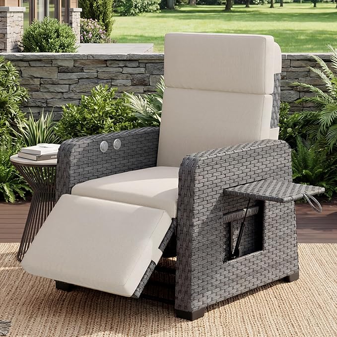 Restland Outdoor Recliner with Independent Adjustable Back & Footrest Wicker Patio Reclining Chair with Flip Table Comfortable Lounge Chair & Thick Cushion for Deck, Porch (Beige) Restland