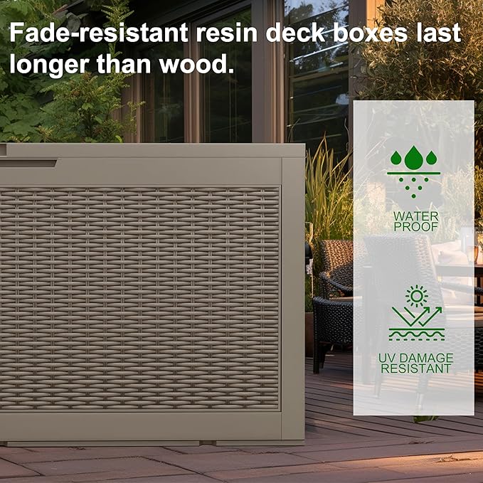 120 Gallon Outdoor Deck Box, Lockable Waterproof Outdoor Storage Boxes For Garden Tools,Indoor Cushions,Accessories Outside Storage Resin Weatherproof Container(Grey) MAIUSCOLI