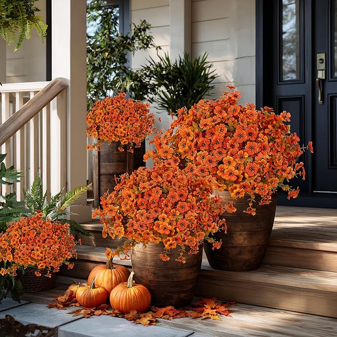 Artificial Fall Flowers Outdoor Fake Mums - 16 Bundles Fake Plants UV Resistant No Fade Faux Plastic Greenery Garden Porch Patio Fall Home Decor (Orangegreen) AXYLEX
