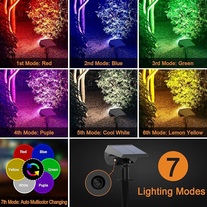 Solar Spot Lights Outdoor Color Changing, [7 Modes/10 Pack] Christmas IP65 Waterproof Landscape Spotlights, Dusk to Dawn Solar Powered Security Light for Patio Gate Walkway Pool Garden Yard Driveway Flaow